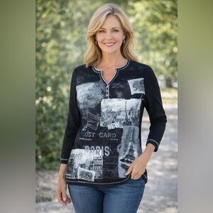 Blue Canyon NWT Paris, New York Studded 3/4 Sleeve Graphic Tee